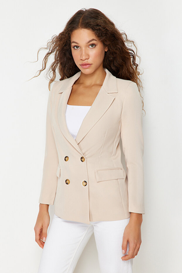 Bej Regular Astarlı Kruvaze Kapama Dokuma Blazer Ceket TWOSS21CE0107 - 4
