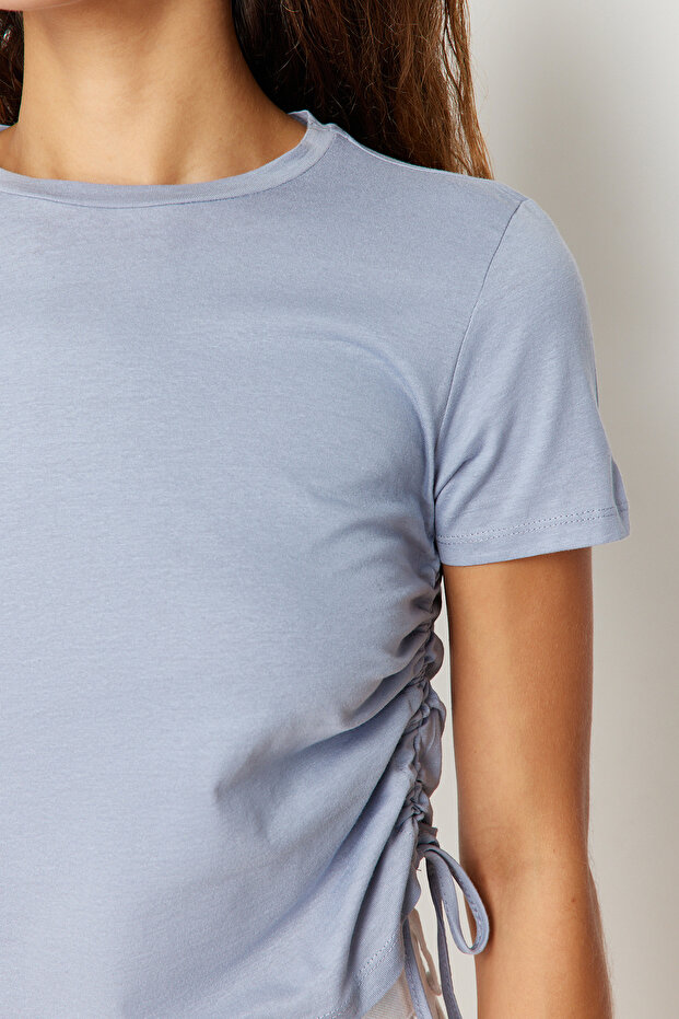 Gri %100 Pamuk Bisiklet Yaka Büzgülü Basic Örme T-Shirt TWOSS21TS0131 - 5