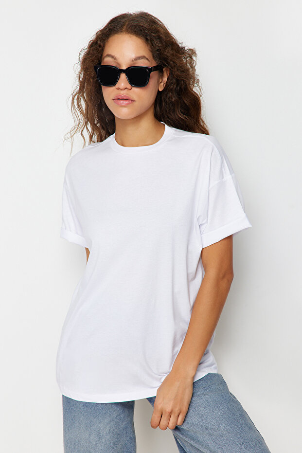 Beyaz %100 Pamuk Bisiklet Yaka Oversize/Geniş Kalıp Örme T-Shirt TWOSS20TS0134 - 5