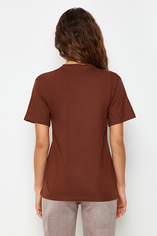 Kahverengi %100 Pamuk Bisiklet Yaka Oversize/Geniş Kalıp Örme T-Shirt TWOSS20TS0134 - 6