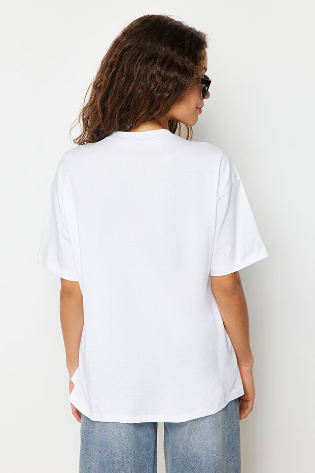 Beyaz %100 Pamuk Bisiklet Yaka Oversize/Geniş Kalıp Örme T-Shirt TWOSS20TS0134 - 10