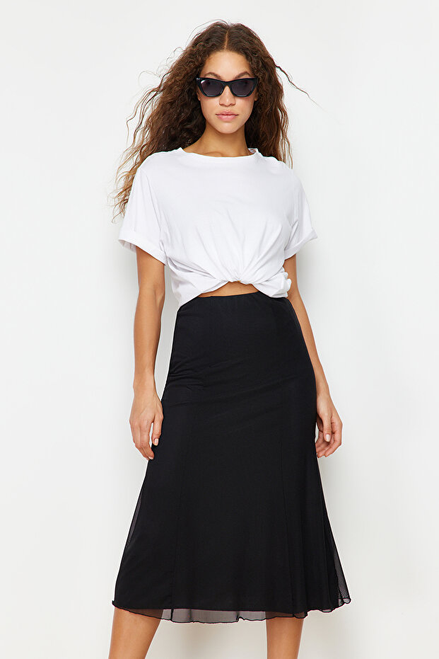 Siyah Astarlı Tül Maxi Örme Etek TWOAW24ET00130 - 8