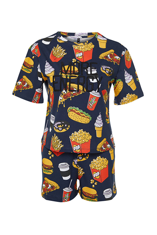 Lacivert-Çok Renkli %100 Pamuklu Slogan Nakışlı Şortlu Örme Pijama Takımı THMSS24PT00104 - 7