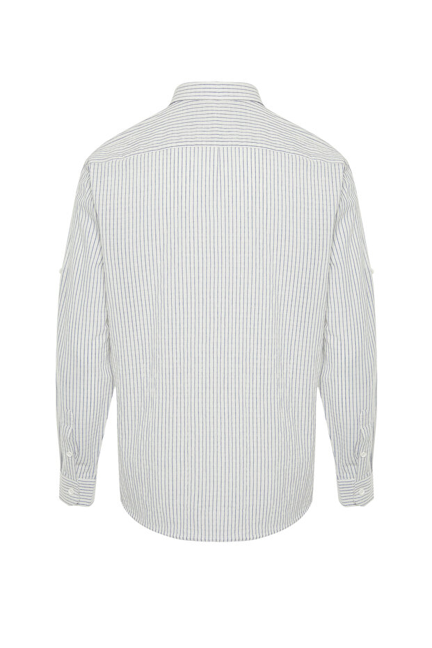 Lacivert Regular Fit Keten Karışımlı Çizgili Gömlek TMNSS23GO00134 - 8