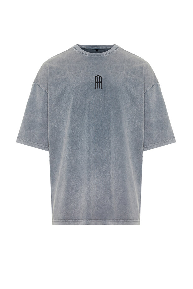 Gri Oversize/Geniş Kesim Eskitme/Soluk Efektli %100 Pamuklu T-shirt TMNSS24TS00146 - 8