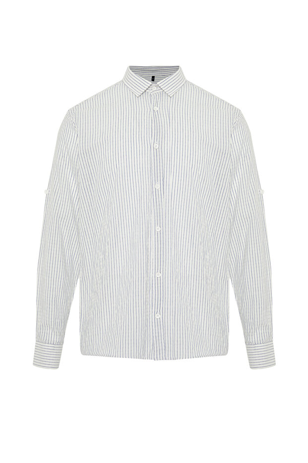 Lacivert Regular Fit Keten Karışımlı Çizgili Gömlek TMNSS23GO00134 - 7