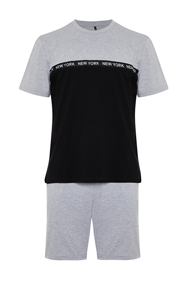 Siyah Gri Renk Bloklu Beli Lastikli Regular Fit Örme Şortlu Pijama Takımı TMNSS24PT00005 - 7