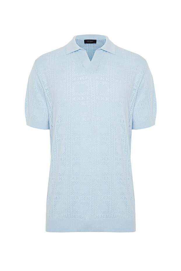 Limitowana edycja jasnoniebieskiej, regularnej, bawełnianej, ażurowej dzianiny polo z kołnierzykiem Tmnss24Po00007 - 7