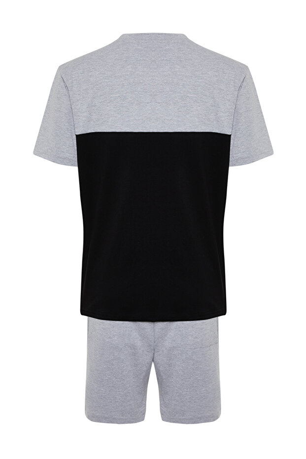 Siyah Gri Renk Bloklu Beli Lastikli Regular Fit Örme Şortlu Pijama Takımı TMNSS24PT00005 - 8