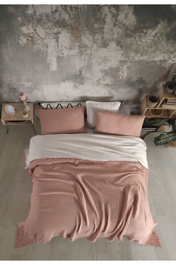 Kiremit Tek Kişilik 160 X 240cm Yatak Örtüsü/1 Adet 50x70cm Yastık 4 Katlı Multi Muslin %100 Pamuk - 3