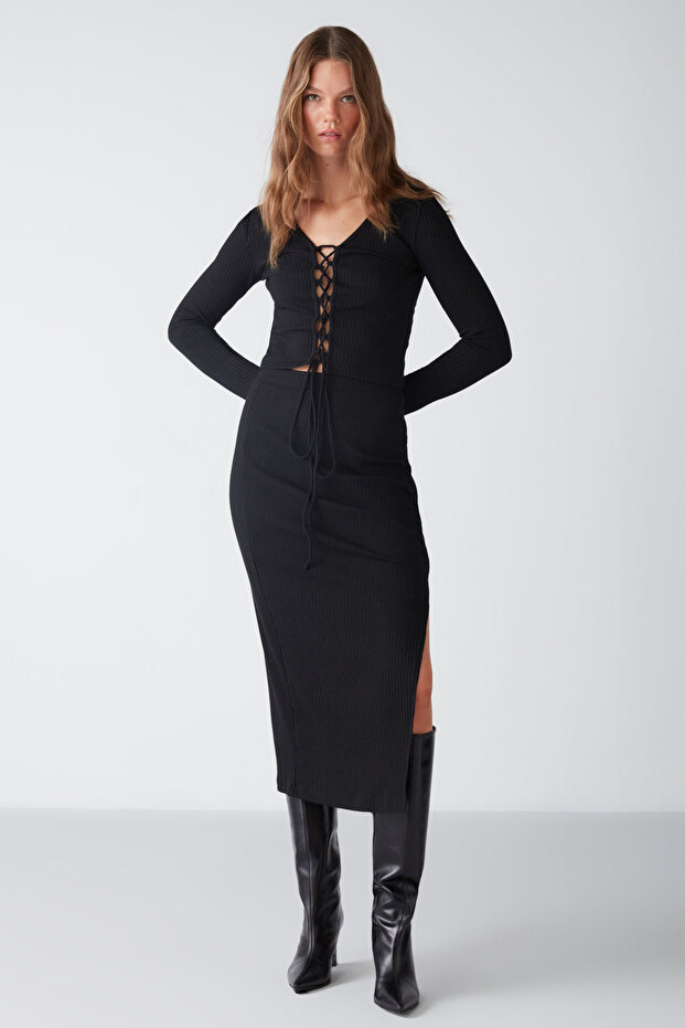 Anastacıa Women's Ribbed Flexible Fabric Draped Gathered Asymmetrical Slit Body Fitted Black Skirt