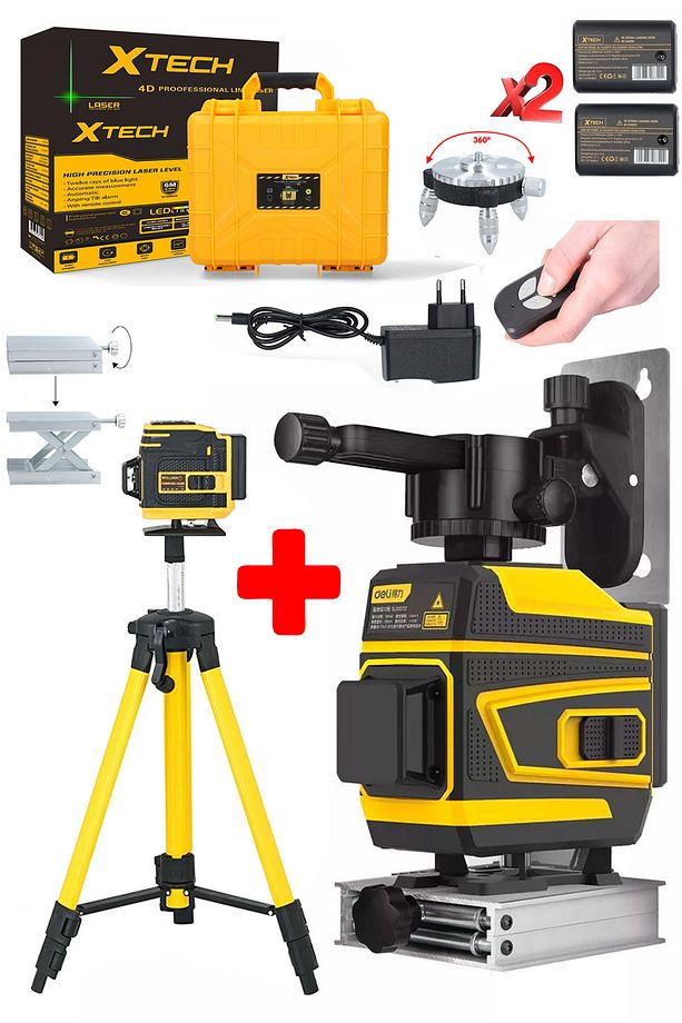 XTECH 12 Köşe 360 Derece Yatay Dikey Çapraz Çizgi Kumandalı Ve Çantalı Lazer Metre Hizalama + Tripot - 1