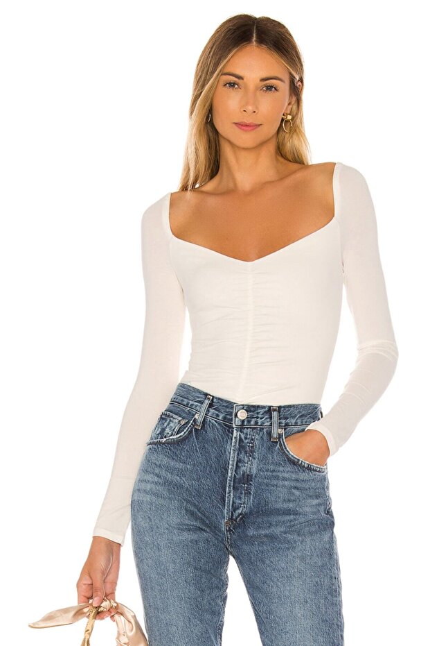 Women's White Gather Detail Silk Jersey Bodysuit