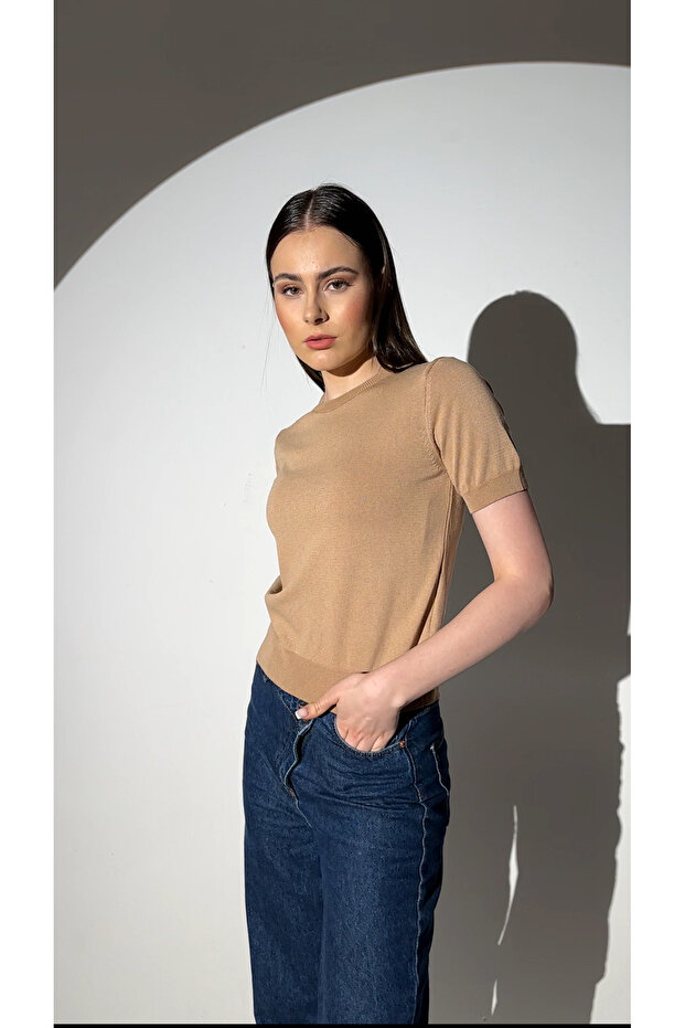 Basıc Kısa Kollu Triko Kazak-camel - 1