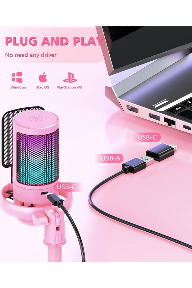 USB Oyun Mikrofonu Dokunmatik Sessize Alma, RGB Aydınlatma PC/PS4/PS5/Mac/Telefon Kondenser Mikrofon - 5
