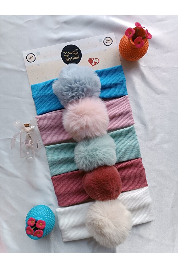 5-Piece Combination (Boxed) Handmade Baby Girl Rabbit Hair Pompom Bandana