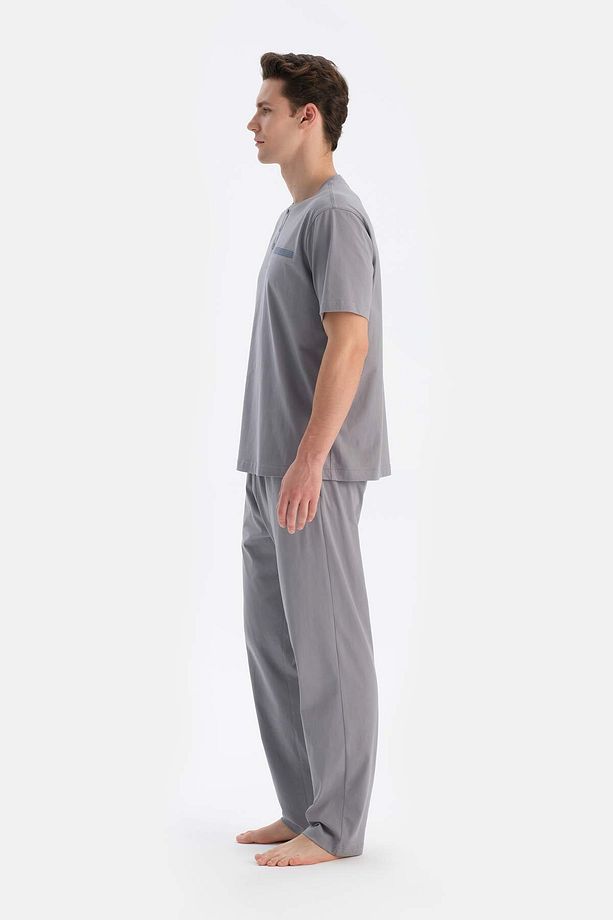 Gri Yarım Patlı Kısa Kollu Örme Pijama Takımı - 3