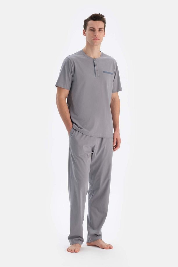 Gri Yarım Patlı Kısa Kollu Örme Pijama Takımı - 1