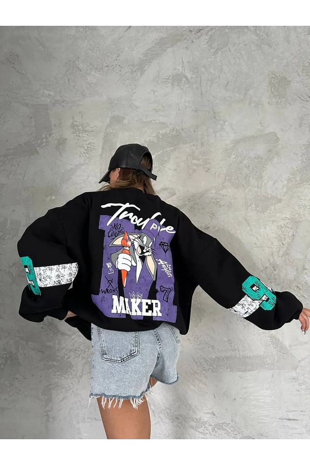 Bugs Bunny Trouble Maker Baskılı Oversize Unisex Sweatshirt - 4