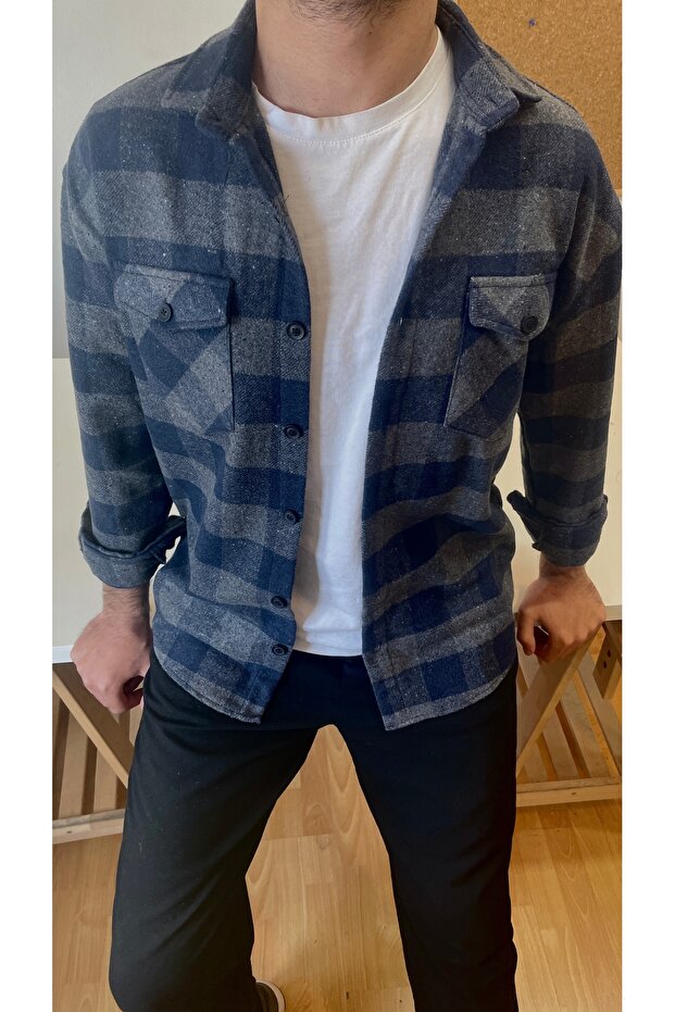 Men's Smoked-Indigo Double Pocket Cover Slim Fit Lumberjack Shirt