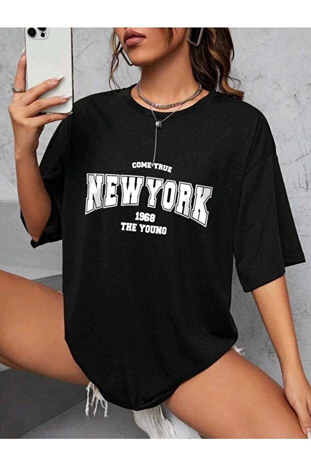 Come True New York Printed Oversize Sports Crew Neck Cotton Tshirt