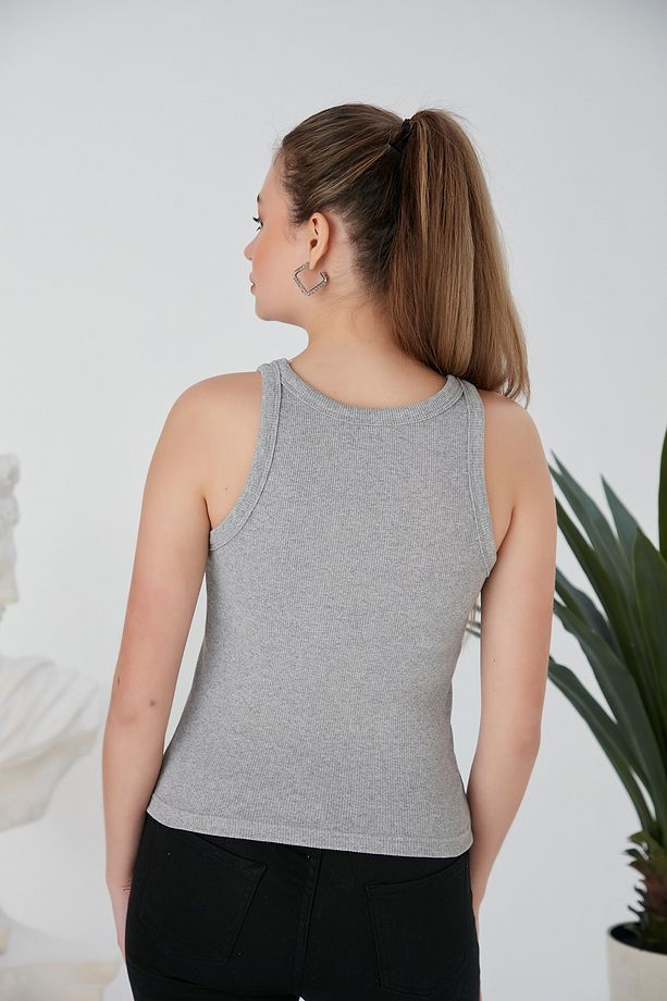 Gri Siyah 2'li Fitted/Vücuda Oturan Fitilli Esnek Örme Bluz Set - 6