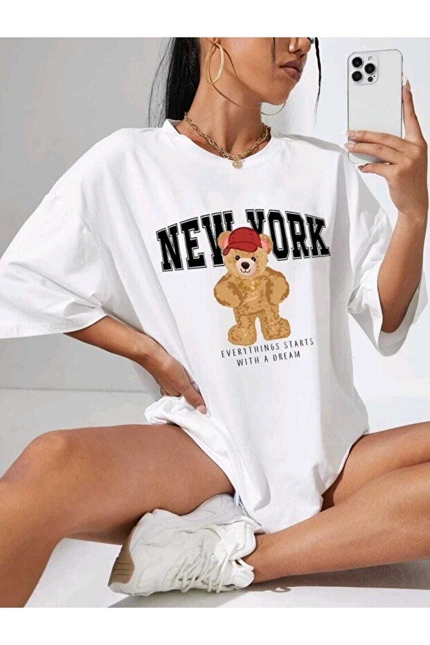 New York Printed Oversize White Crew Neck Cotton Combed T-shirt