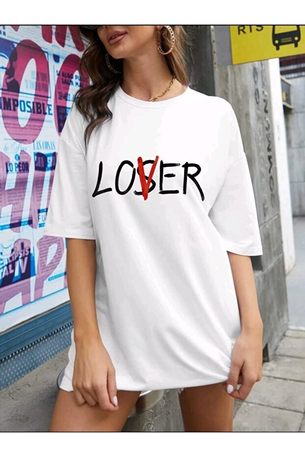 تيشيرت أبيض كبير الحجم للجنسين من Loveser