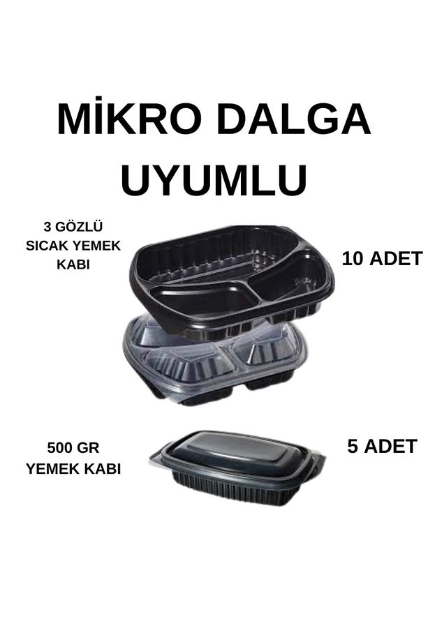 hijyenik 3 Gözlü Siyah Plastik Yemek Kapı Kapaklı 10 Adet (mikro dalgaya uygun ) - 1