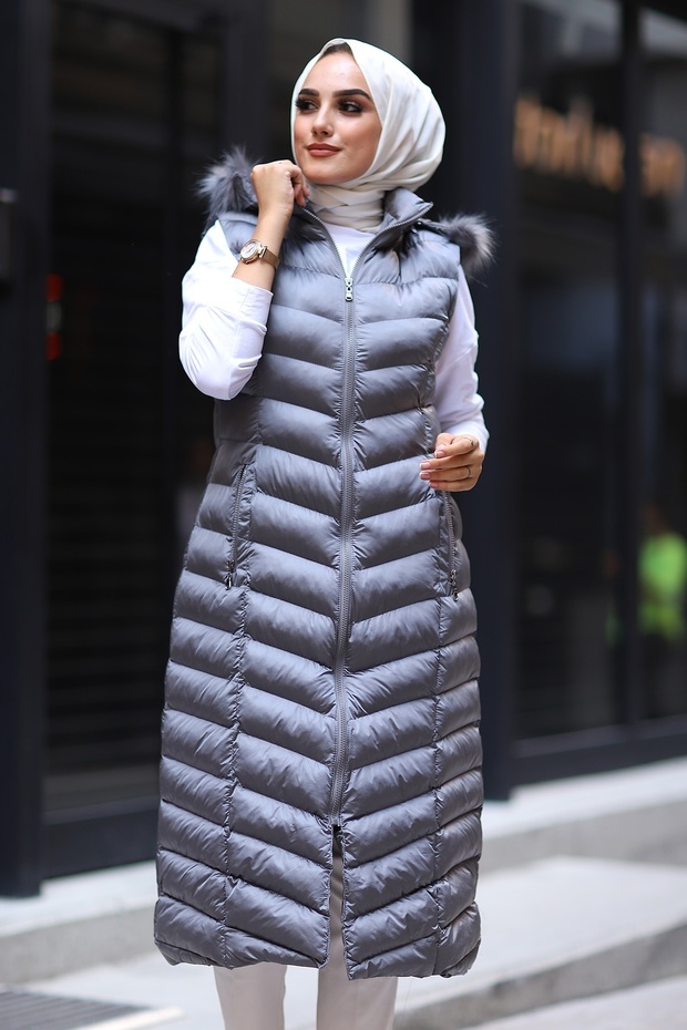 Vestă lungă căptușită - Gri - 3