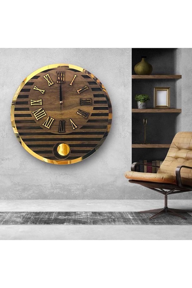 Yuvarlak Model Modern Sarkaclı Duvar Saat, Ahşap Duvar Saati, Duvar Saati, Sarkaclı Saat, Wall Clock - 2