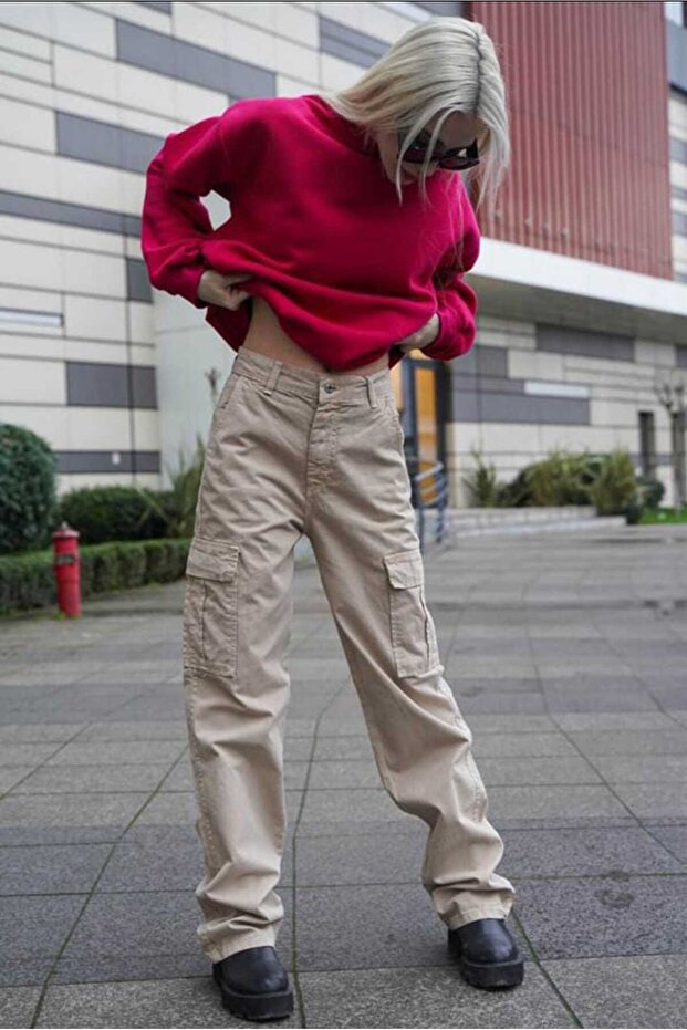 High Waist Lycra Beige Color Back Pocketless Cargo Pants