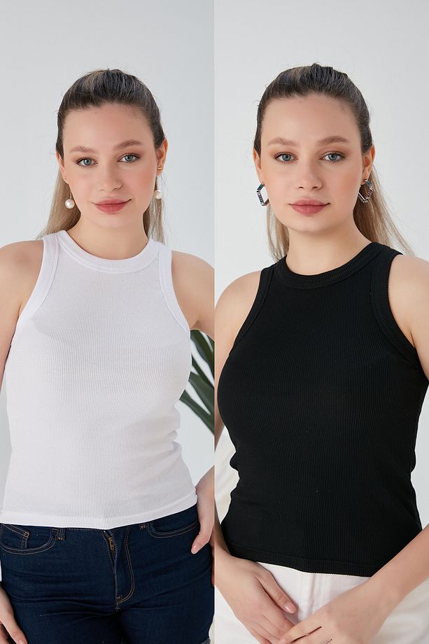 Beyaz Siyah Zargo Model 2'li Set Fitted Geniş Biyeli Halter Yaka Fitilli Esnek Örme Crop Bluz - 1