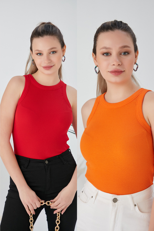 Red Orange Zargo Model 2-Piece Set Fitted Wide Trim Halter Neck Corded Fabric Stretchy Knit Cropped Blouse