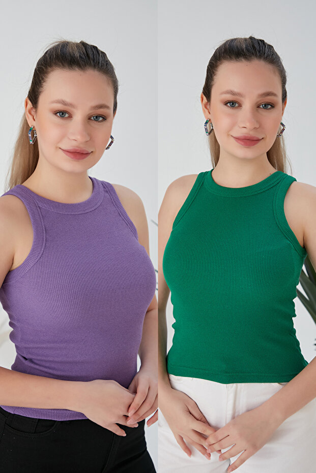 Lilac Green Zargo Model Set of 2 Fitted Wide Piping Halter Neck Ribbed Flexible Knitted Crop Blouse