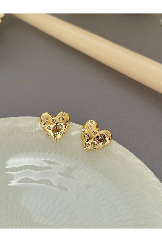 Gold stone heart women's earrings