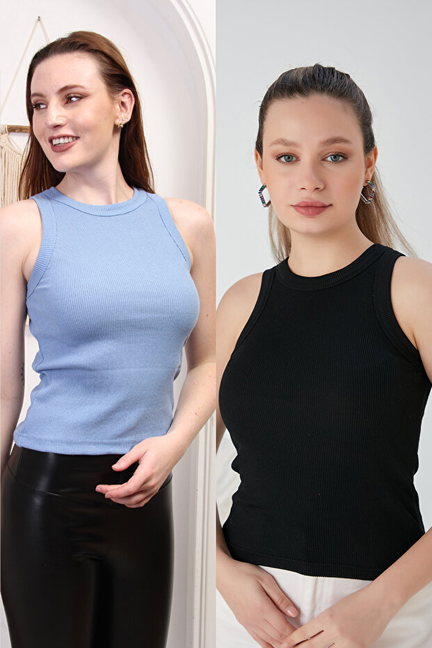 Blue Black Zargo Model Set of 2 Fitted Wide Piping Halter Neck Ribbed Flexible Knitted Crop Blouse