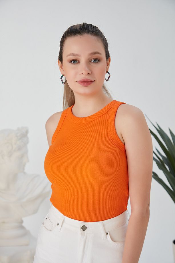 Mavi Turuncu Zargo Model 2'li Set Fitted Geniş Biyeli Halter Yaka Fitilli Esnek Örme Crop Bluz - 3