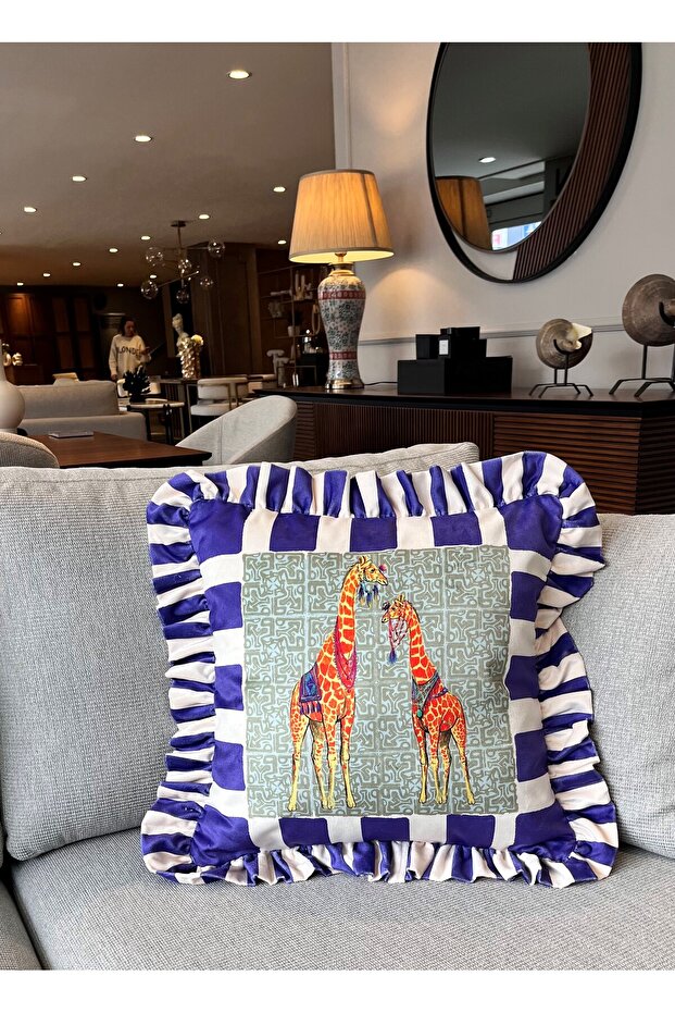 Giraffe Patterned Navy Blue Velvet Throw Pillow Cover - Hope Series Special Design Ruffled