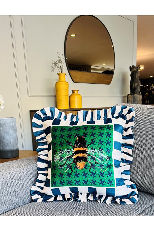 Bee Patterned Green Velvet Throw Pillow Cover - Hope Series Special Design Frilly