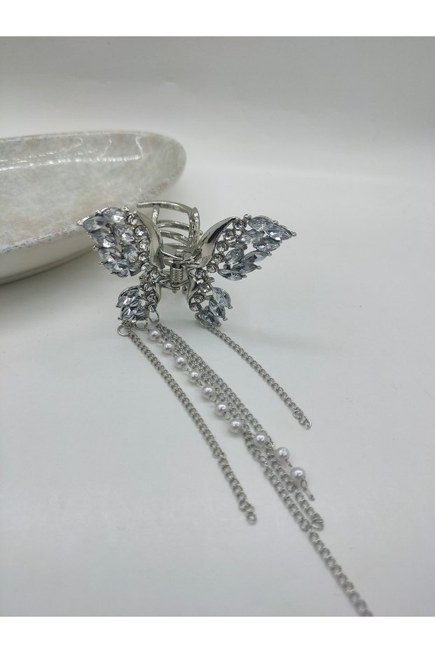 ZIRCON STONE PEARL AND CHAIN DANGLE BUTTERFLY MODEL 6 CM WOMEN'S METAL LATCH Buckle