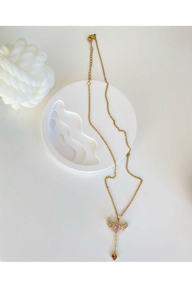 Pembe Kalpli Kanatlı Kolye - 2