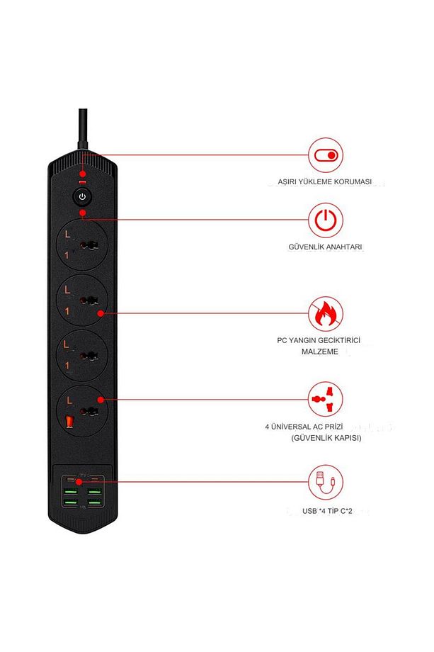 Yeni Nesil TypC Port Girişli Akım Korumalı 10 Girişli 4 Priz 4 USB, 2 Type-C Giriş, Isıya Dayanıklı - 4