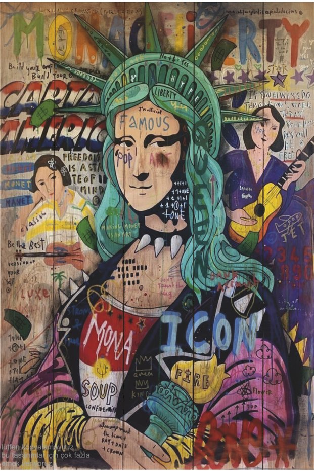 Mona Lisa Statue of Liberty America Pop Art Aesthetic Painting Decor Retro Wood Poster