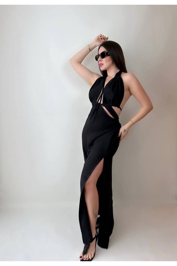 Bohemian Dress Linen Fabric Dress Chest Low-cut Dress Slit Detail Summer Eibise