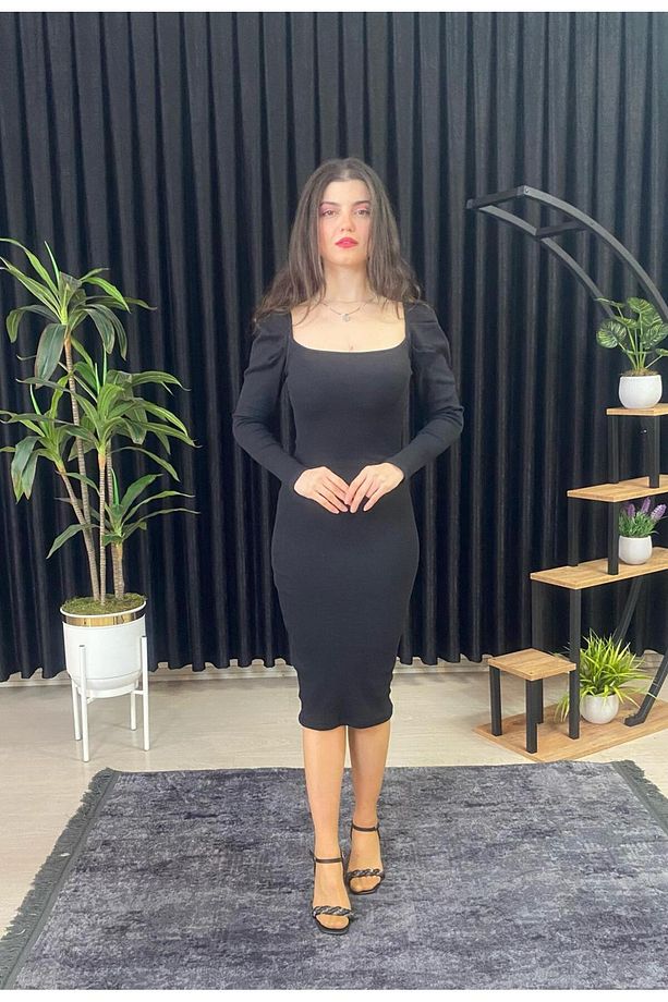  KARE YAKA SİYAH RENK VÜCUDA OTURAN MİDİ BOY PİLELİ KOL ÖRME ELBİSE - 1