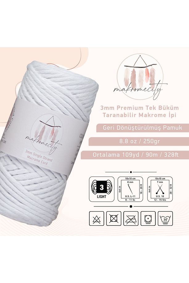 Taranan Makrome Ipi 3mm Taranabilir Pamuk Makrome Ipi Makrame Ipi Beyaz - 3