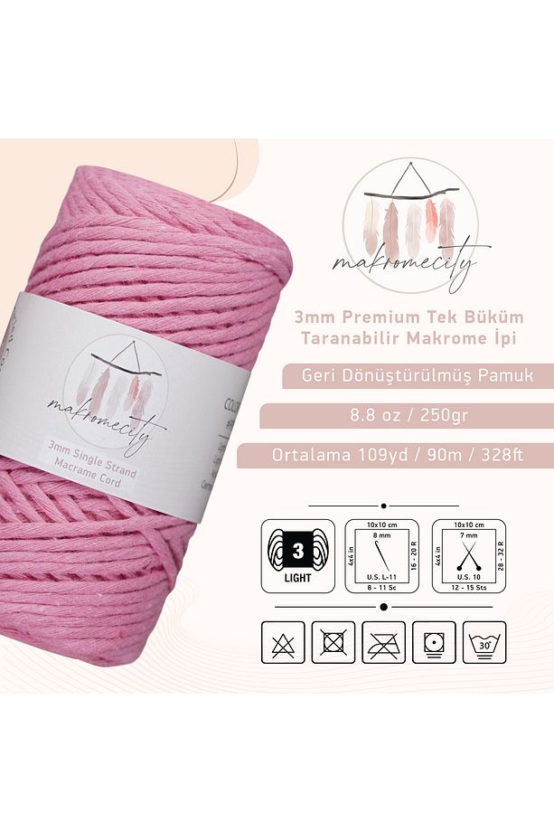 Taranan Makrome Ipi 3mm Taranabilir Pamuk Makrome Ipi Makrame Ipi Şeker Pembe - 3