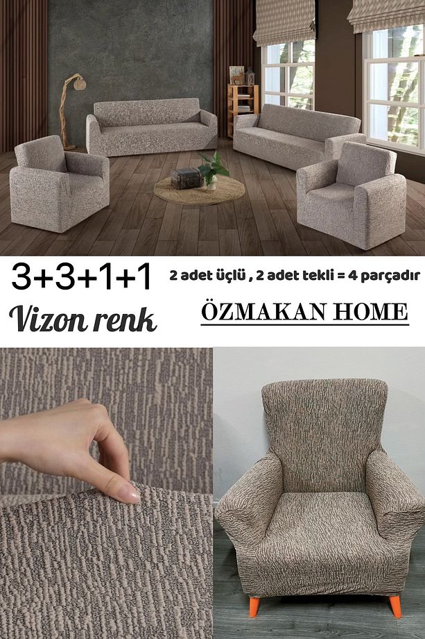 Jakarlı Koltuk Örtüsü Takımı 3+3+1+1 Vizon Renk - 1