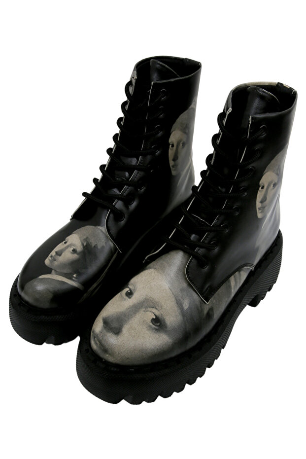 Women's Vegan Leather Black Long Boots - Girl With a Pearl Earring Design